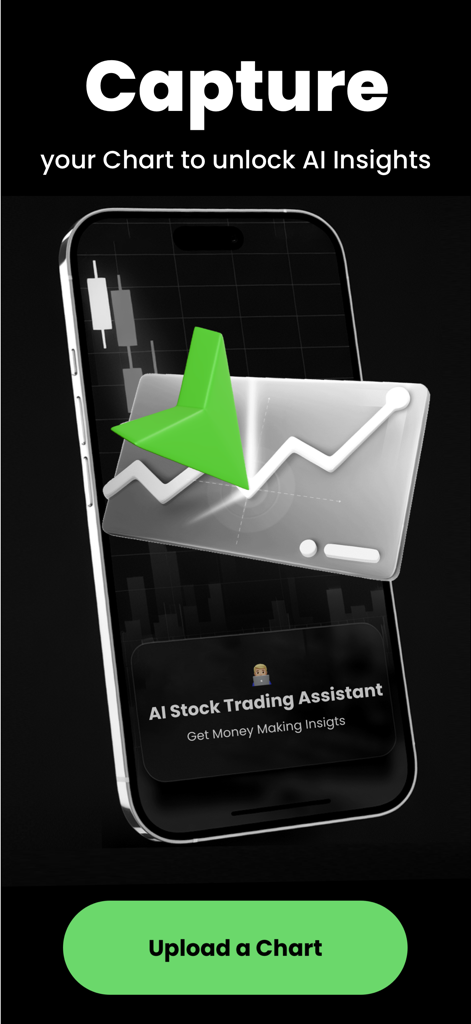 Chart AI : AI Chart Analyzer - Interface do aplicativo Chart AI mostrando um gráfico de negociação com recursos de análise de IA e um botão de upload