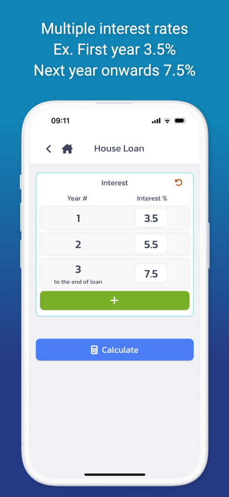 Interest Calculator All in One - Mobile app interface showing multiple interest rate inputs for a house loan calculation.