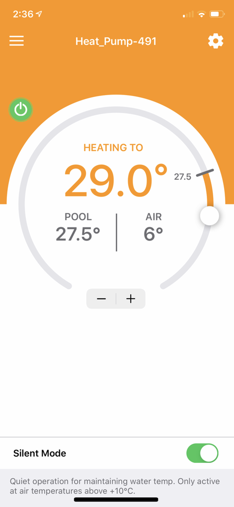 iaqualink app interface for controlling pool heat pump temperature and silent mode