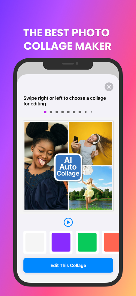 Easy Pic app interface showing the AI auto collage feature with a four photo grid