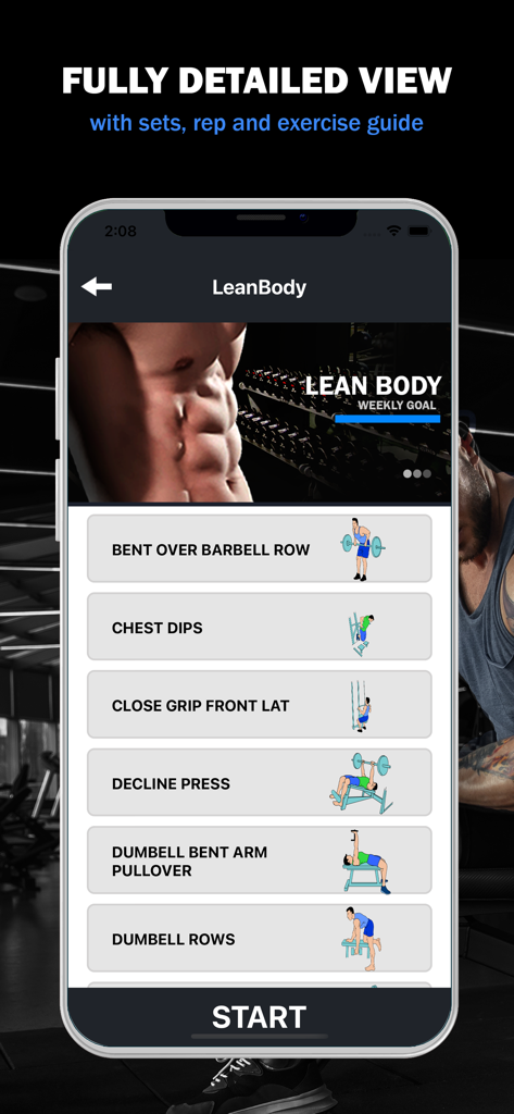 Gym Workout Daily Exercises - Mobile screen showing a Lean Body workout plan with a list of exercises and illustrations in the Gym Workout Daily Exercises app.