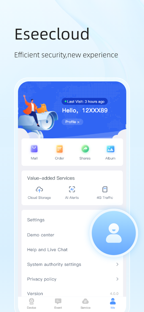 EseeCloud(IP Pro, VR Cam) - Pantalla de perfil de usuario y configuración de cuenta de la aplicación de gestión de cámaras IP EseeCloud