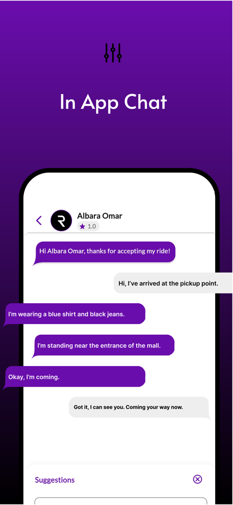 Rydz - Request a ride - Rydz mobile app interface showing the in-app chat feature for communication between riders and drivers.