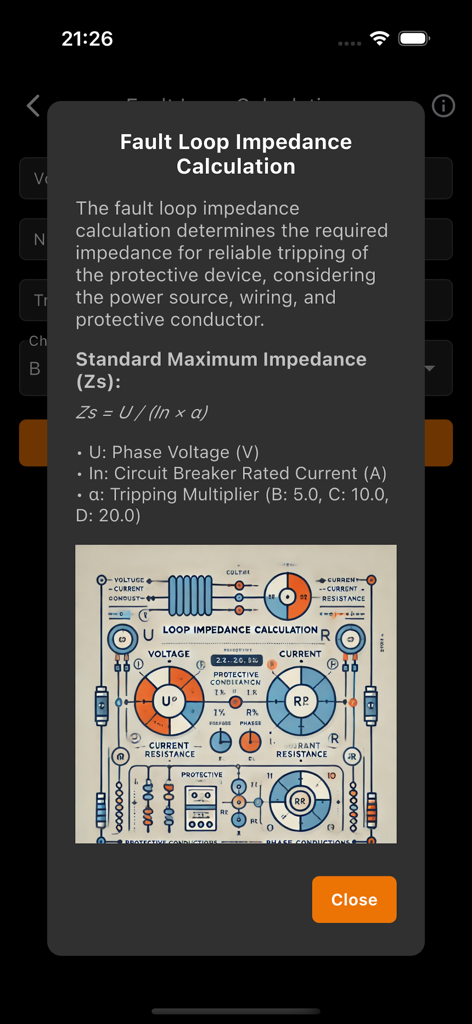 Electrician's assistant - Fault loop impedance calculation guide showing electrical formulas and a circuit diagram