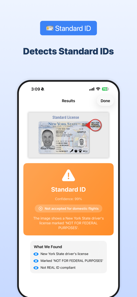 RealID Check - RealID Check app results screen showing a non-compliant standard New York State driver's license