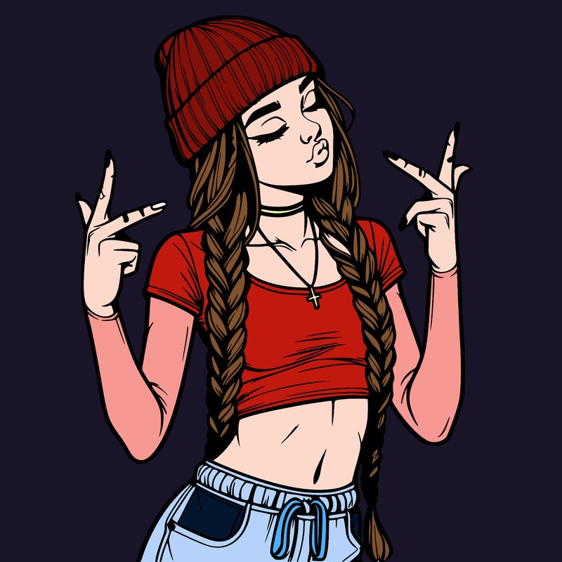 realistic teenage girl with braids and a beanie and crop top doing 🫶🏼