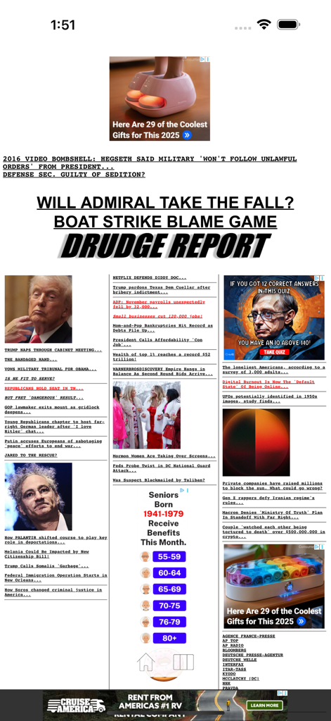 Official Drudge Report app news feed with three columns and typewriter font