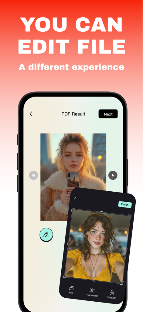Interfaccia dell'app Format Output che mostra le funzionalità di modifica PDF mobile e ritaglio immagini
