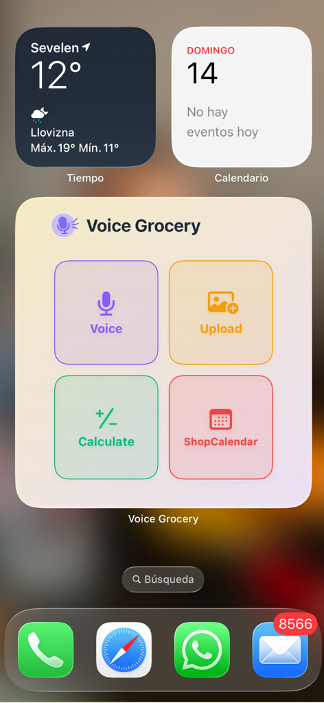 iPhone home screen displaying the Voice Shopping list app widget with quick action buttons