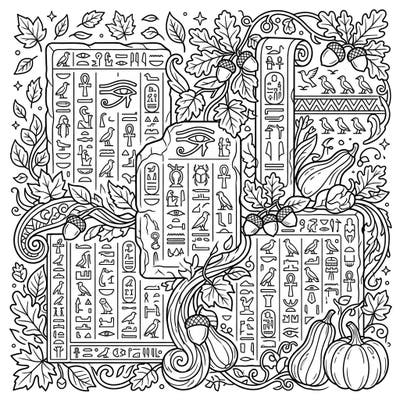 Embark on an extraordinary coloring journey where the mysteries of ancient Egyptian Pyramid Texts meet the cozy charm of autumn. This intricate design invites you to blend history and season, bringing a unique canvas to life with your favorite colors.