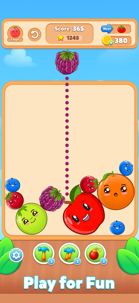 Fruit Match Juicy Drop Merge - Mobile game interface of Fruit Match Juicy Drop Merge showing cute fruits with faces being dropped to merge