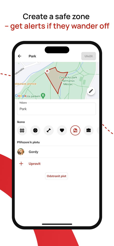 Pet_tracker - Interfaz para configurar una zona segura de geovalla GPS en un mapa en la aplicación Pet_tracker.
