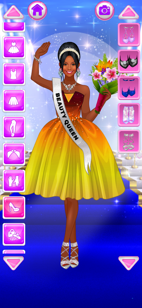 Una muñeca de moda vestida como reina de belleza con una banda y un ramo en el juego Star Doll