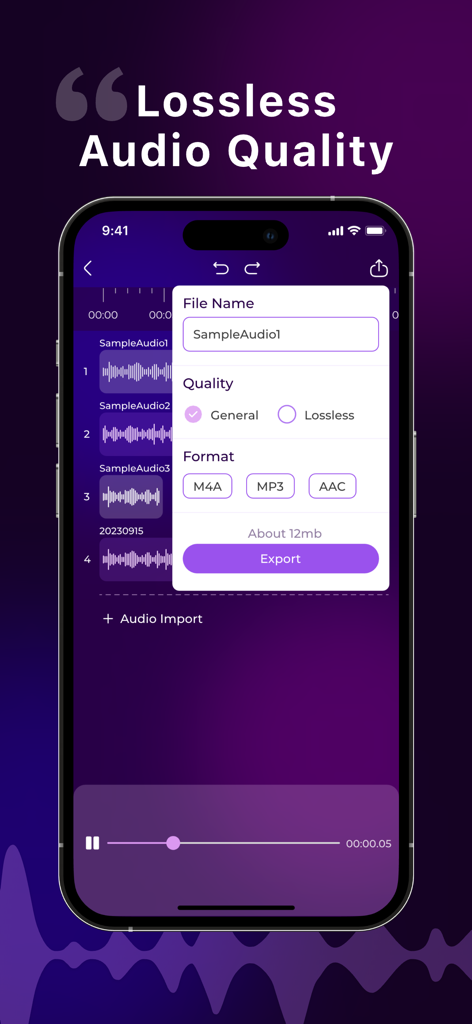 Mobile Bildschirmansicht mit Exportoptionen für verlustfreie Audioqualität in verschiedenen Formaten innerhalb des Musik-Editors