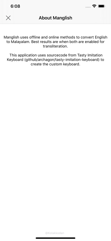 About screen for the Manglish app describing English to Malayalam transliteration methods.