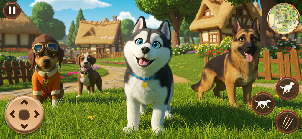 Dog Life Simulator: Dog Games - A group of dogs including a husky and german shepherd exploring a bright village in the Dog Life Simulator game