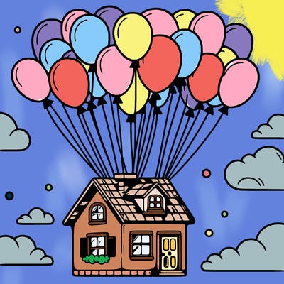 house floating from lots of balloons
