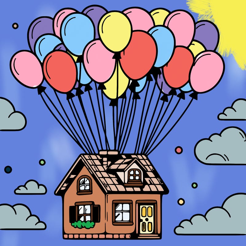house floating from lots of balloons
