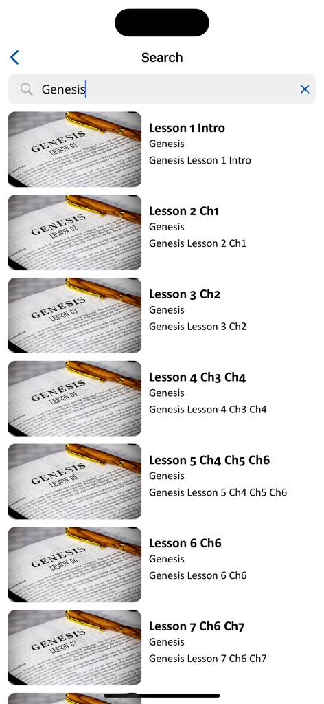 Torah Class - Search results for Genesis bible study lessons within the Torah Class mobile application.
