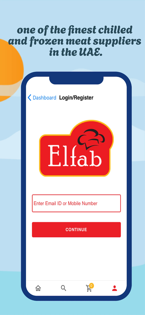 Elfab - Login screen of the Elfab Halal meat delivery app