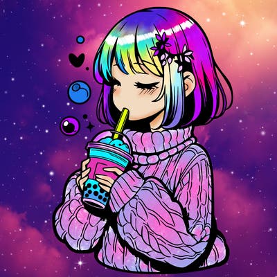 manga girl drinking boba in cozy sweater