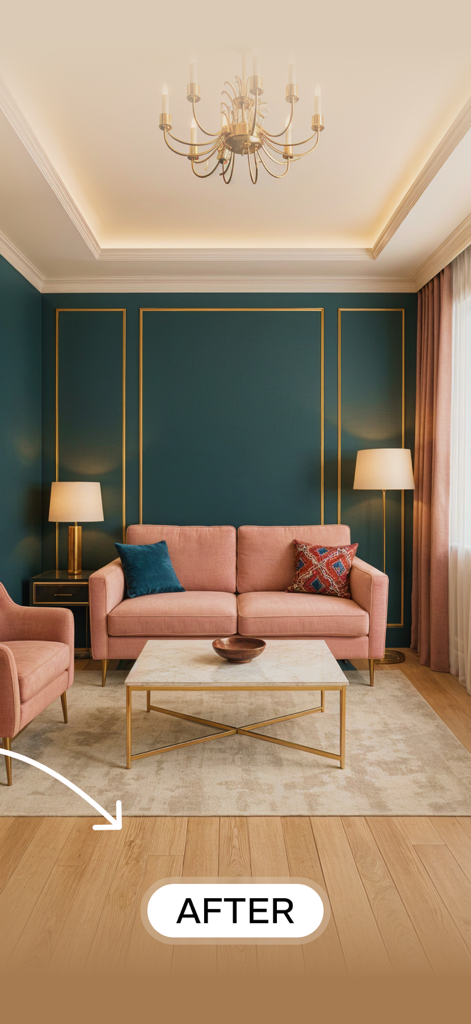 AI generated interior design of a modern living room with teal walls and a pink sofa