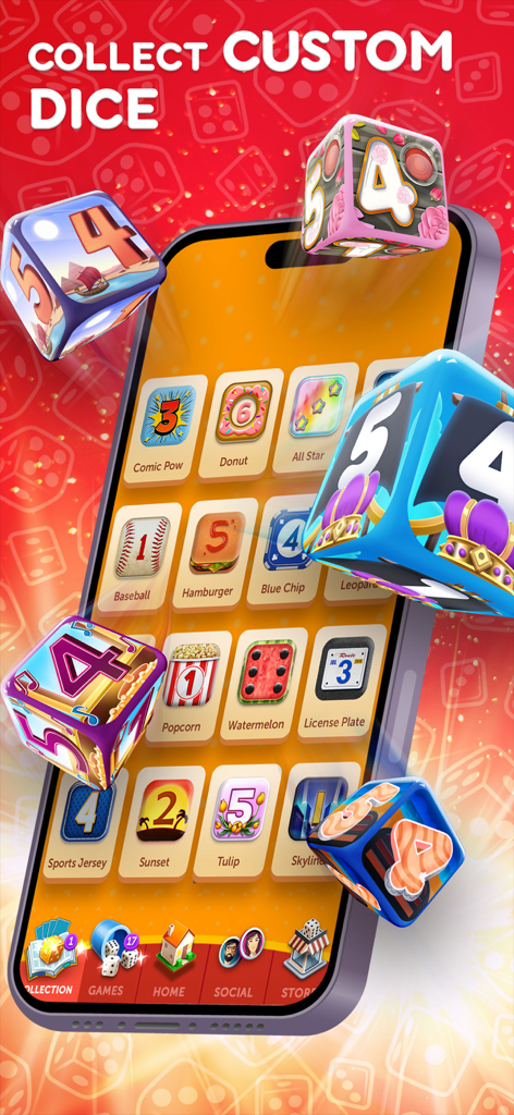 Yahtzee with Buddies mobile app screen showing a variety of collectible custom dice themes.