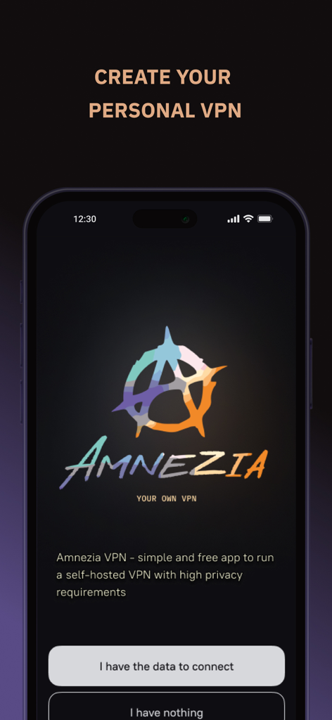 AmneziaVPN - AmneziaVPN mobile app onboarding screen for setting up a personal self-hosted VPN.