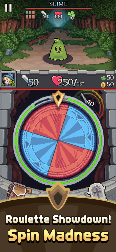 Spin Break: Roulette Battle - Pixel art mobile game screen showing a roulette wheel battle against a slime monster
