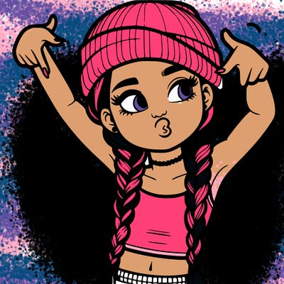 realistic teenage girl with braids and a beanie and crop top doing 🫶🏼