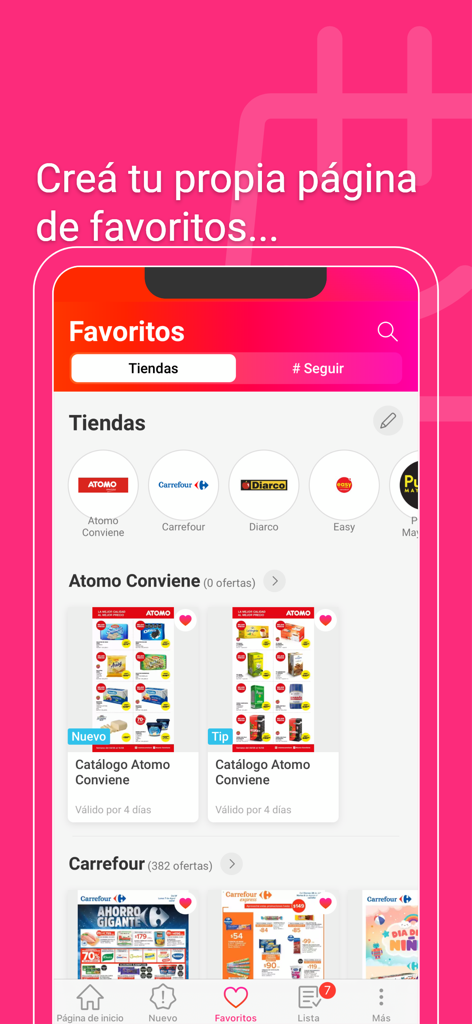 Catálogos y ofertas Argentina - Interfaz de aplicación móvil mostrando tiendas favoritas y catálogos de compras en Argentina