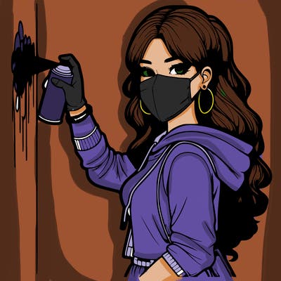 realistic girl with mask spray painting a wall