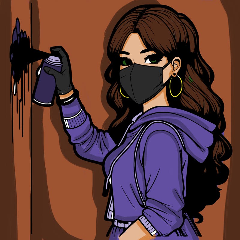 realistic girl with mask spray painting a wall