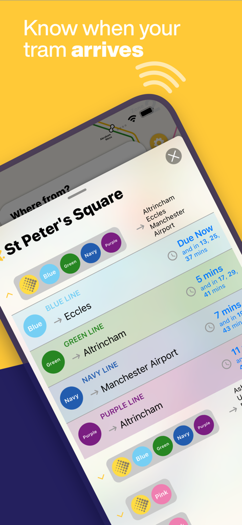 Aplicación Manchester Metro que muestra los tiempos de llegada de los tranvías en tiempo real para St Peters Square