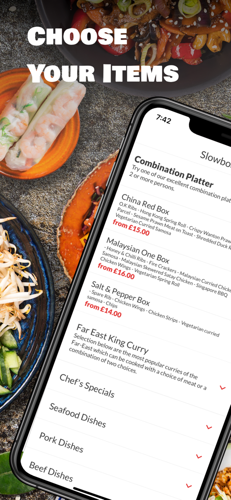 Pantalla de iPhone mostrando el menú de la aplicación Slowboat con platos y precios