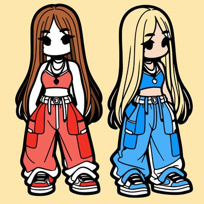 girl in baggy pants crop top and long hair