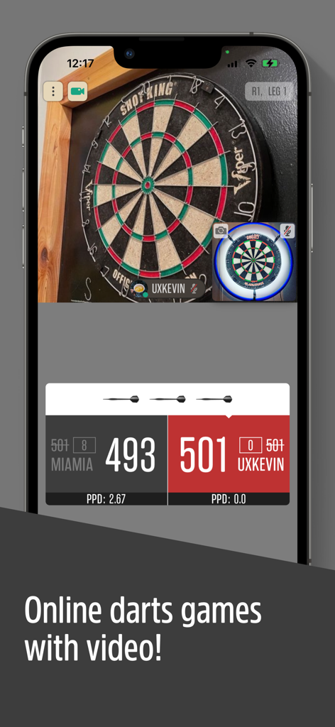 Dartsmind app interface showing an online darts game with real-time video and automated scoring