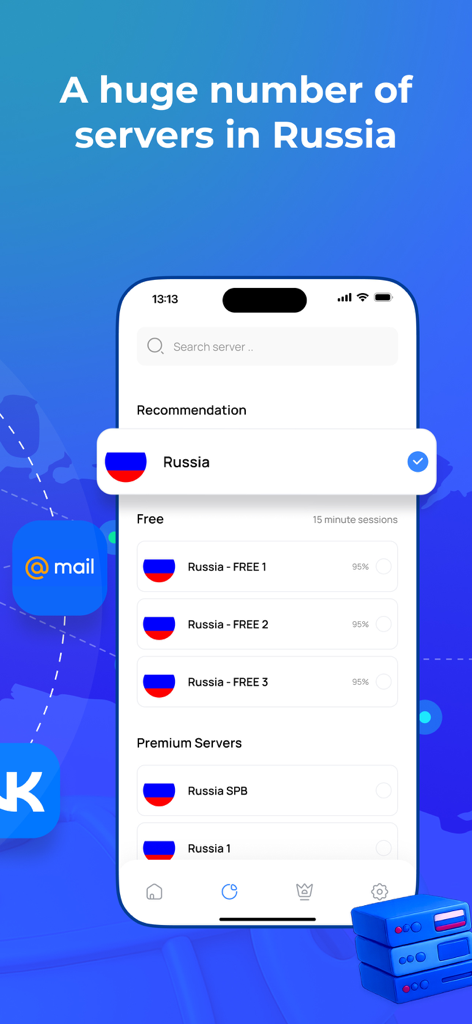 VPN Russiaのモバイルインターフェース。サンクトペテルブルクを含むロシアの都市の無料およびプレミアムサーバーのリストが表示されています。