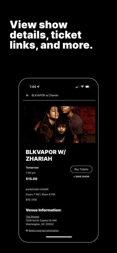 DC Music Live app screen showing concert details ticket links and venue information