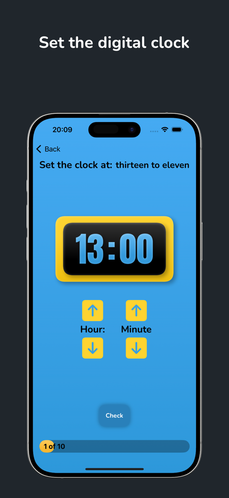 Kloklezen - A digital clock interface in the Kloklezen app where users use arrows to set the correct time based on a written prompt.