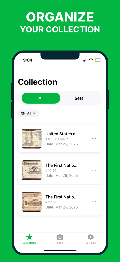 Pantalla de la aplicación CashScan que muestra una lista de billetes organizados en la colección de un usuario.
