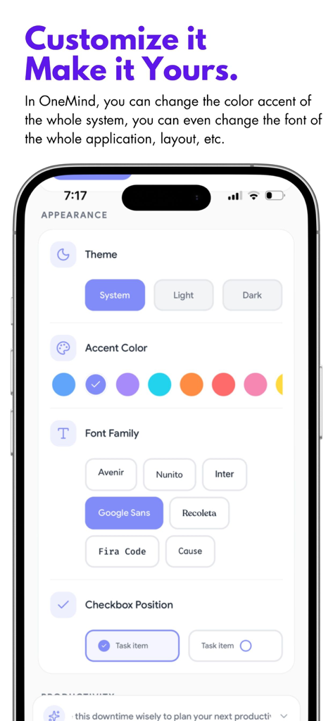 Tela de configurações de aparência do aplicativo OneMind para personalizar temas, cores de destaque e famílias de fontes.