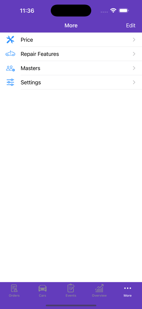 Interfaz de la aplicación Auto Repair mostrando el menú Más con opciones para Precio, Características de Reparación, Maestros y Configuración
