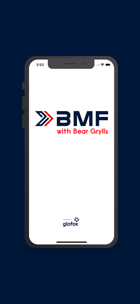 Splash screen of the BMF Be Military Fit app with Bear Grylls branding