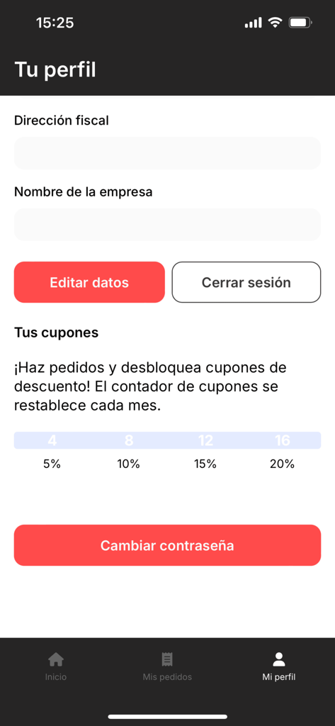 Deligos - Screenshot of the Deligos app profile page in Spanish showing user settings, coupons, and account options.