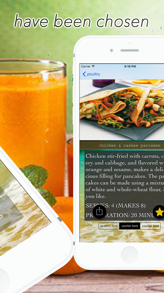 Mobile app screen showing a healthy chicken and cashew pancake recipe with preparation details