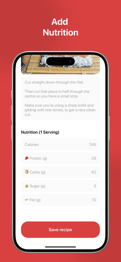 Recipe Saver: Recipes Manager - Mobile app interface for adding calories and macronutrient information to a recipe.