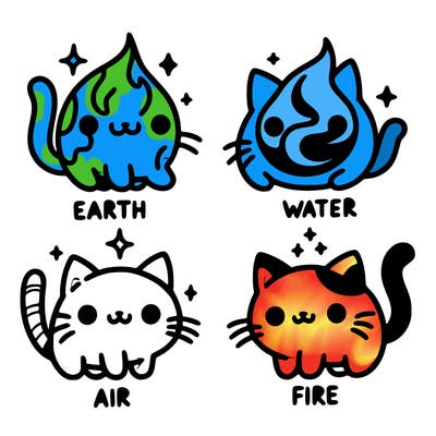 4 cats that represent the different elements, earth, water, air, and fire