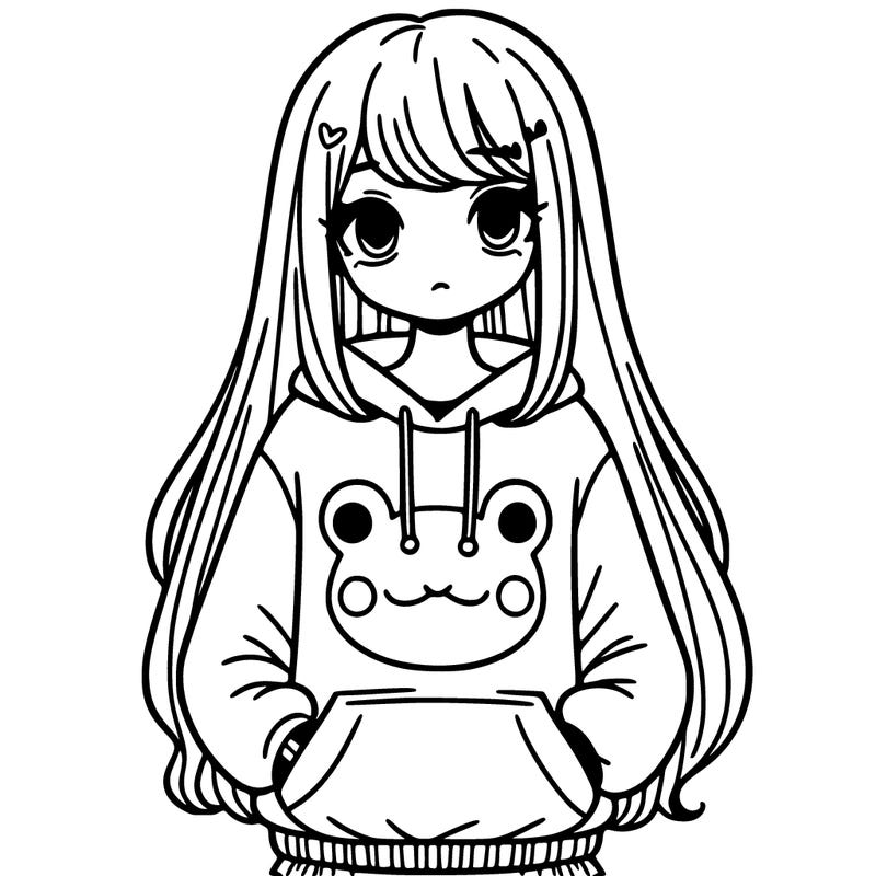 a girl wearing a frog sweatshirt and she has long hair