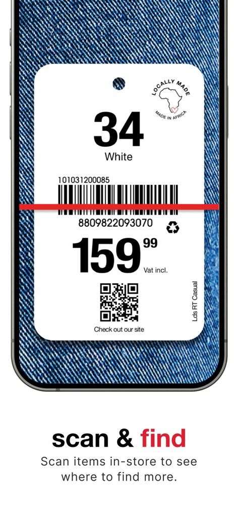 Mr Price App - Interfaz de la App Mr Price que muestra una función de escáner de códigos de barras escaneando una etiqueta de precio de ropa sobre un fondo vaquero